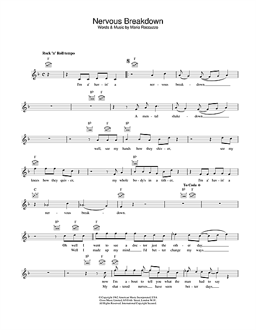 Preview Eddie Cochran Nervous Breakdown Rock N Roll sheet music, notes and chords for Melody Line, Lyrics & Chords, SKU: 25175 sheet music, piano notes, chords, guitar tabs, score, transpose, transcribe, how to play, guide, download, learn, tutorial, progression, song, artist, awards, billboard, mtv, vh1, tour, single, album, release