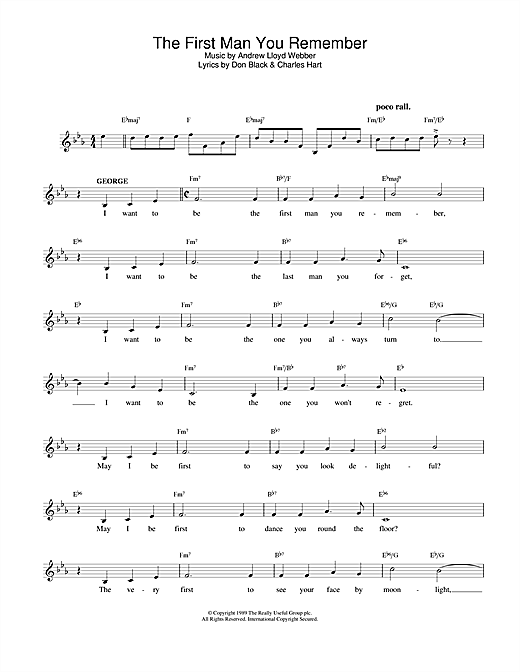 Preview Andrew Lloyd Webber The First Man You Remember (from Aspects Of Love) Musicals sheet music, notes and chords for Melody Line, Lyrics & Chords, SKU: 25177 sheet music, piano notes, chords, guitar tabs, score, transpose, transcribe, how to play, guide, download, learn, tutorial, progression, song, artist, awards, billboard, mtv, vh1, tour, single, album, release