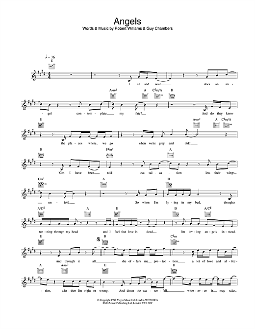 Preview Robbie Williams Angels Pop sheet music, notes and chords for Melody Line, Lyrics & Chords, SKU: 25180 sheet music, piano notes, chords, guitar tabs, score, transpose, transcribe, how to play, guide, download, learn, tutorial, progression, song, artist, awards, billboard, mtv, vh1, tour, single, album, release