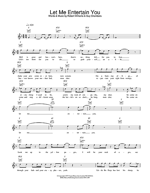 Preview Robbie Williams Let Me Entertain You Pop sheet music, notes and chords for Melody Line, Lyrics & Chords, SKU: 25182 sheet music, piano notes, chords, guitar tabs, score, transpose, transcribe, how to play, guide, download, learn, tutorial, progression, song, artist, awards, billboard, mtv, vh1, tour, single, album, release