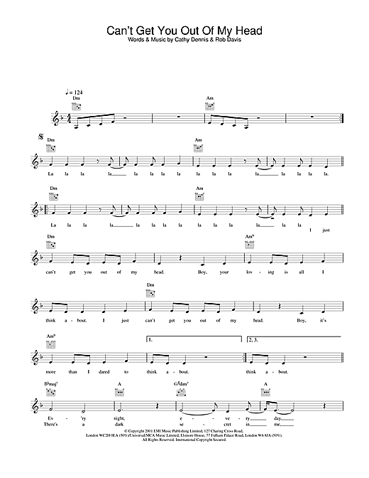 Preview Kylie Minogue Can’t Get You Out Of My Head Pop sheet music, notes and chords for Melody Line, Lyrics & Chords, SKU: 25183 sheet music, piano notes, chords, guitar tabs, score, transpose, transcribe, how to play, guide, download, learn, tutorial, progression, song, artist, awards, billboard, mtv, vh1, tour, single, album, release