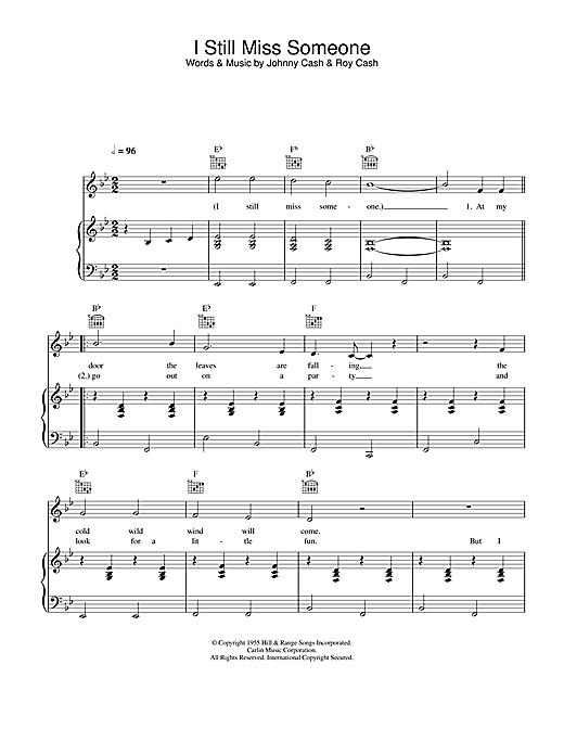 Preview Johnny Cash I Still Miss Someone Country sheet music, notes and chords for Piano, Vocal & Guitar, SKU: 25185 sheet music, piano notes, chords, guitar tabs, score, transpose, transcribe, how to play, guide, download, learn, tutorial, progression, song, artist, awards, billboard, mtv, vh1, tour, single, album, release