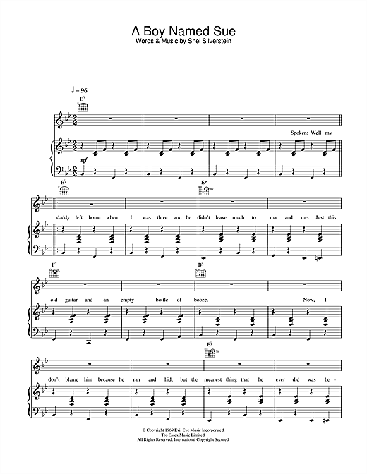 Preview Johnny Cash A Boy Named Sue Country sheet music, notes and chords for Piano, Vocal & Guitar (Right-Hand Melody), SKU: 25186 sheet music, piano notes, chords, guitar tabs, score, transpose, transcribe, how to play, guide, download, learn, tutorial, progression, song, artist, awards, billboard, mtv, vh1, tour, single, album, release