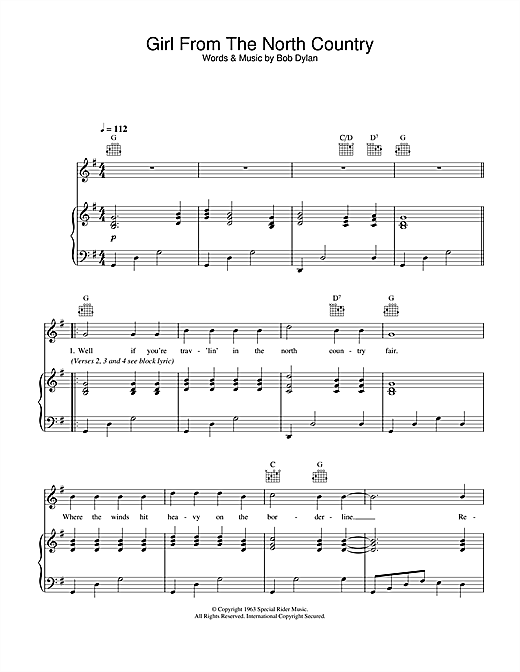 Preview Johnny Cash Girl From The North Country Country sheet music, notes and chords for Piano, Vocal & Guitar (Right-Hand Melody), SKU: 25190 sheet music, piano notes, chords, guitar tabs, score, transpose, transcribe, how to play, guide, download, learn, tutorial, progression, song, artist, awards, billboard, mtv, vh1, tour, single, album, release