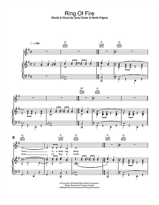 Preview Johnny Cash Ring Of Fire Country sheet music, notes and chords for Piano, Vocal & Guitar (Right-Hand Melody), SKU: 25193 sheet music, piano notes, chords, guitar tabs, score, transpose, transcribe, how to play, guide, download, learn, tutorial, progression, song, artist, awards, billboard, mtv, vh1, tour, single, album, release