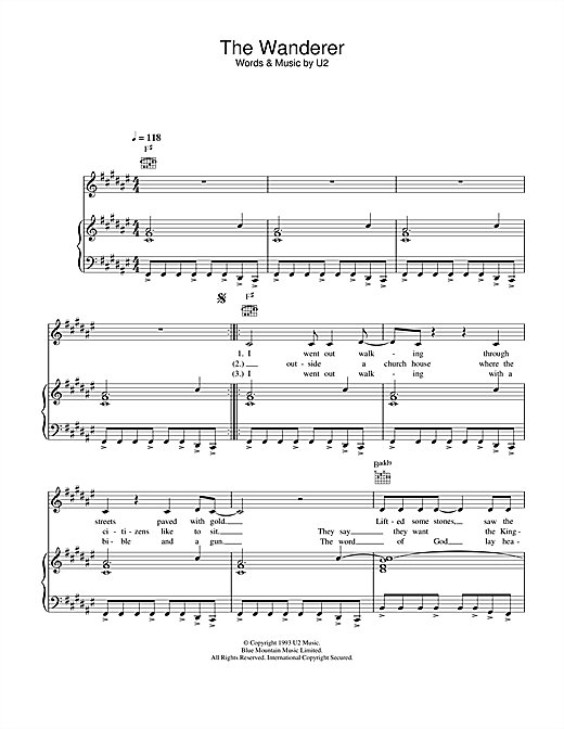 Preview U2 & Johnny Cash The Wanderer Country sheet music, notes and chords for Piano, Vocal & Guitar, SKU: 25196 sheet music, piano notes, chords, guitar tabs, score, transpose, transcribe, how to play, guide, download, learn, tutorial, progression, song, artist, awards, billboard, mtv, vh1, tour, single, album, release