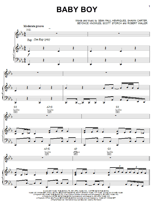 Preview Beyoncé Baby Boy (feat. Sean Paul) Pop sheet music, notes and chords for Piano, Vocal & Guitar (Right-Hand Melody), SKU: 25204 sheet music, piano notes, chords, guitar tabs, score, transpose, transcribe, how to play, guide, download, learn, tutorial, progression, song, artist, awards, billboard, mtv, vh1, tour, single, album, release