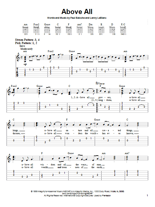 Preview Paul Baloche Above All Pop sheet music, notes and chords for Easy Guitar Tab, SKU: 25206 sheet music, piano notes, chords, guitar tabs, score, transpose, transcribe, how to play, guide, download, learn, tutorial, progression, song, artist, awards, billboard, mtv, vh1, tour, single, album, release