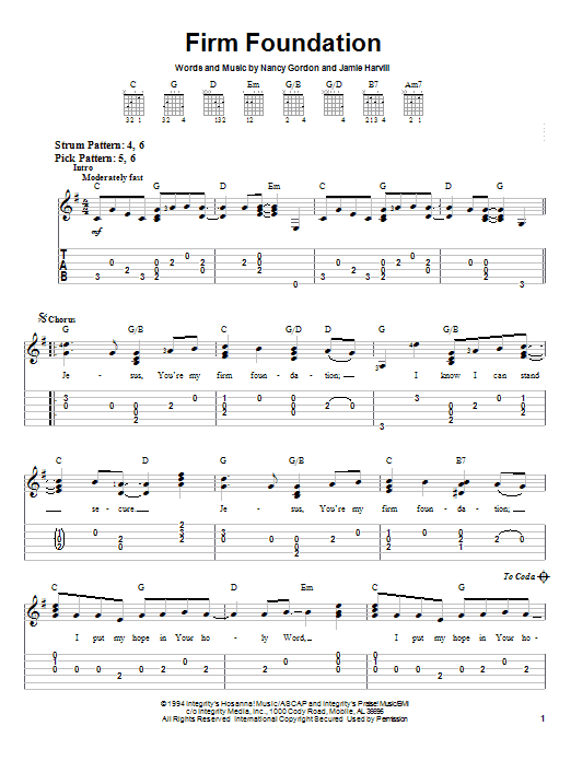 Preview Nancy Gordon Firm Foundation Religious sheet music, notes and chords for Easy Guitar Tab, SKU: 25209 sheet music, piano notes, chords, guitar tabs, score, transpose, transcribe, how to play, guide, download, learn, tutorial, progression, song, artist, awards, billboard, mtv, vh1, tour, single, album, release