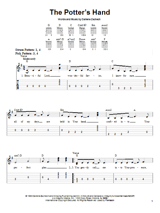 Preview Darlene Zschech The Potter's Hand Pop sheet music, notes and chords for Easy Guitar Tab, SKU: 25211 sheet music, piano notes, chords, guitar tabs, score, transpose, transcribe, how to play, guide, download, learn, tutorial, progression, song, artist, awards, billboard, mtv, vh1, tour, single, album, release