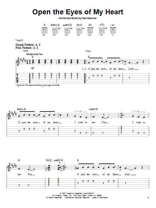Preview Paul Baloche Open The Eyes Of My Heart Pop sheet music, notes and chords for Easy Guitar Tab, SKU: 25212 sheet music, piano notes, chords, guitar tabs, score, transpose, transcribe, how to play, guide, download, learn, tutorial, progression, song, artist, awards, billboard, mtv, vh1, tour, single, album, release