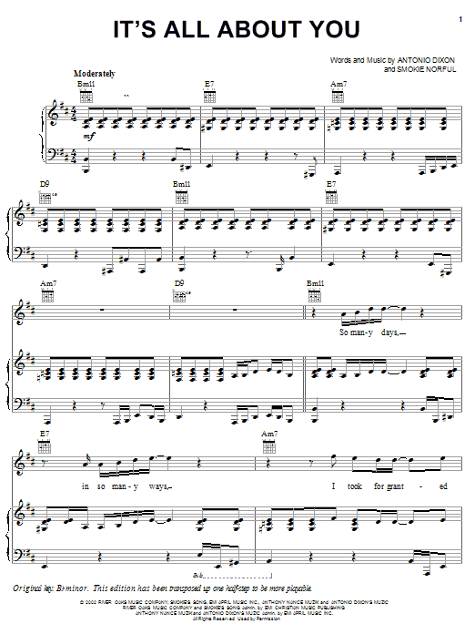 Preview Smokie Norful It's All About You Pop sheet music, notes and chords for Piano, Vocal & Guitar (Right-Hand Melody), SKU: 25215 sheet music, piano notes, chords, guitar tabs, score, transpose, transcribe, how to play, guide, download, learn, tutorial, progression, song, artist, awards, billboard, mtv, vh1, tour, single, album, release