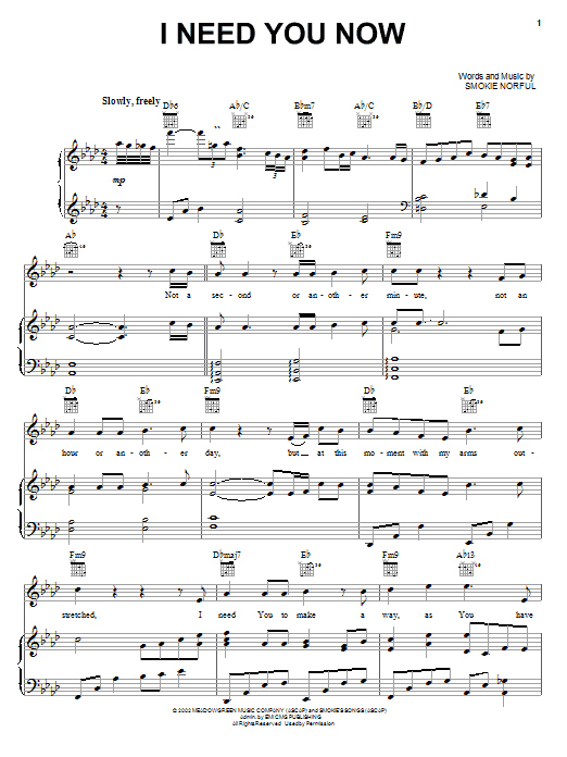 Preview Smokie Norful I Need You Now R & B sheet music, notes and chords for Piano, Vocal & Guitar (Right-Hand Melody), SKU: 25216 sheet music, piano notes, chords, guitar tabs, score, transpose, transcribe, how to play, guide, download, learn, tutorial, progression, song, artist, awards, billboard, mtv, vh1, tour, single, album, release