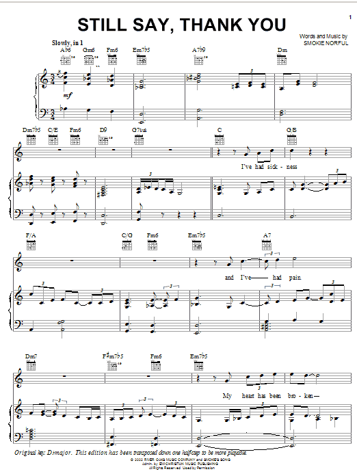 Preview Smokie Norful Still Say, Thank You Pop sheet music, notes and chords for Piano, Vocal & Guitar (Right-Hand Melody), SKU: 25218 sheet music, piano notes, chords, guitar tabs, score, transpose, transcribe, how to play, guide, download, learn, tutorial, progression, song, artist, awards, billboard, mtv, vh1, tour, single, album, release