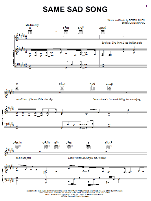 Preview Smokie Norful Same Sad Song Pop sheet music, notes and chords for Piano, Vocal & Guitar (Right-Hand Melody), SKU: 25222 sheet music, piano notes, chords, guitar tabs, score, transpose, transcribe, how to play, guide, download, learn, tutorial, progression, song, artist, awards, billboard, mtv, vh1, tour, single, album, release