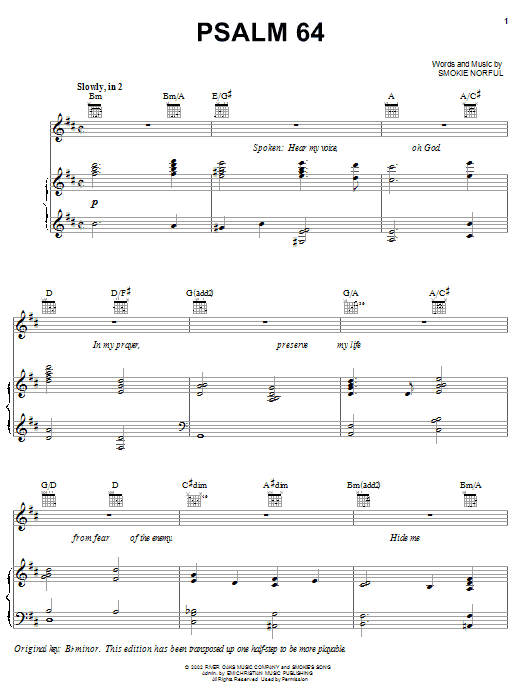 Preview Smokie Norful Psalm 64 Pop sheet music, notes and chords for Piano, Vocal & Guitar (Right-Hand Melody), SKU: 25223 sheet music, piano notes, chords, guitar tabs, score, transpose, transcribe, how to play, guide, download, learn, tutorial, progression, song, artist, awards, billboard, mtv, vh1, tour, single, album, release