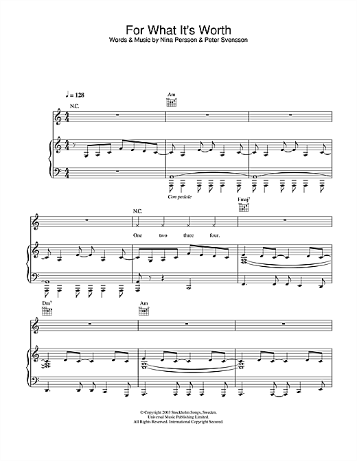 Preview The Cardigans For What It's Worth Pop sheet music, notes and chords for Piano, Vocal & Guitar, SKU: 25224 sheet music, piano notes, chords, guitar tabs, score, transpose, transcribe, how to play, guide, download, learn, tutorial, progression, song, artist, awards, billboard, mtv, vh1, tour, single, album, release