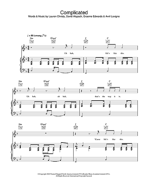 Preview Avril Lavigne Complicated Pop sheet music, notes and chords for Piano, Vocal & Guitar (Right-Hand Melody), SKU: 25225 sheet music, piano notes, chords, guitar tabs, score, transpose, transcribe, how to play, guide, download, learn, tutorial, progression, song, artist, awards, billboard, mtv, vh1, tour, single, album, release