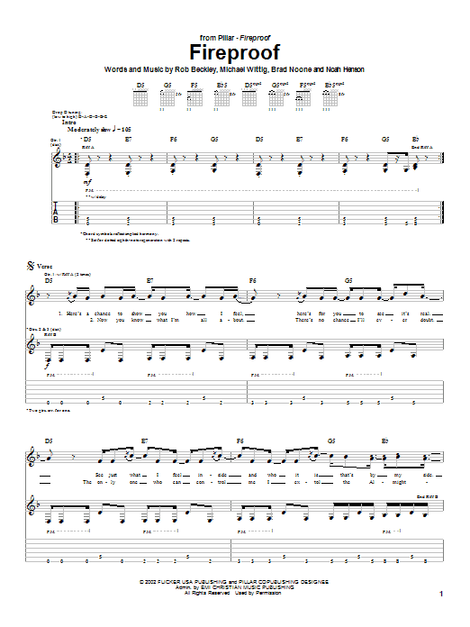 Preview Pillar Fireproof Rock sheet music, notes and chords for Guitar Tab, SKU: 25229 sheet music, piano notes, chords, guitar tabs, score, transpose, transcribe, how to play, guide, download, learn, tutorial, progression, song, artist, awards, billboard, mtv, vh1, tour, single, album, release