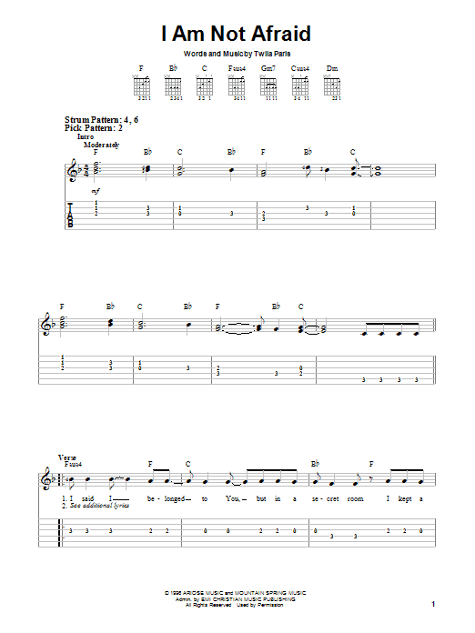 Preview Twila Paris I Am Not Afraid Religious sheet music, notes and chords for Easy Guitar, SKU: 25249 sheet music, piano notes, chords, guitar tabs, score, transpose, transcribe, how to play, guide, download, learn, tutorial, progression, song, artist, awards, billboard, mtv, vh1, tour, single, album, release