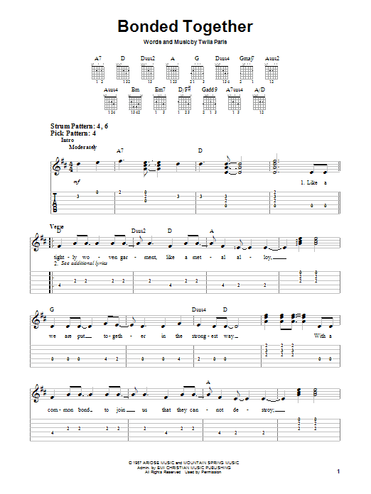 Preview Twila Paris Bonded Together Weddings sheet music, notes and chords for Easy Guitar, SKU: 25252 sheet music, piano notes, chords, guitar tabs, score, transpose, transcribe, how to play, guide, download, learn, tutorial, progression, song, artist, awards, billboard, mtv, vh1, tour, single, album, release