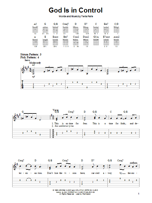 Preview Twila Paris God Is In Control Religious sheet music, notes and chords for Easy Guitar, SKU: 25253 sheet music, piano notes, chords, guitar tabs, score, transpose, transcribe, how to play, guide, download, learn, tutorial, progression, song, artist, awards, billboard, mtv, vh1, tour, single, album, release