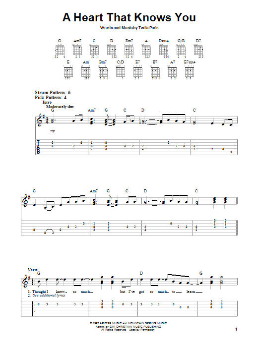 Preview Twila Paris A Heart That Knows You Religious sheet music, notes and chords for Easy Guitar, SKU: 25254 sheet music, piano notes, chords, guitar tabs, score, transpose, transcribe, how to play, guide, download, learn, tutorial, progression, song, artist, awards, billboard, mtv, vh1, tour, single, album, release
