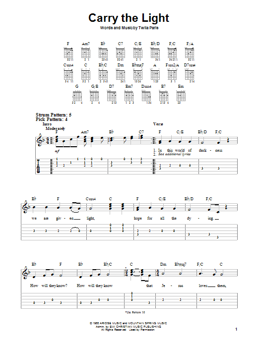 Preview Twila Paris Carry The Light Religious sheet music, notes and chords for Easy Guitar, SKU: 25255 sheet music, piano notes, chords, guitar tabs, score, transpose, transcribe, how to play, guide, download, learn, tutorial, progression, song, artist, awards, billboard, mtv, vh1, tour, single, album, release