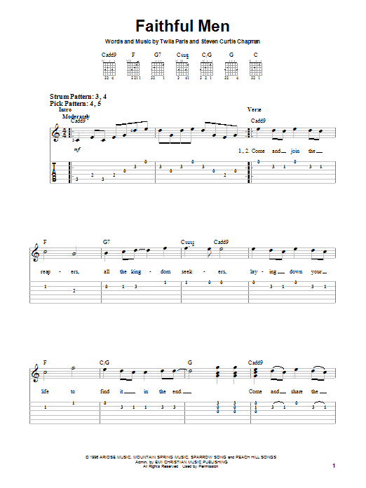 Preview Twila Paris Faithful Men Religious sheet music, notes and chords for Easy Guitar, SKU: 25257 sheet music, piano notes, chords, guitar tabs, score, transpose, transcribe, how to play, guide, download, learn, tutorial, progression, song, artist, awards, billboard, mtv, vh1, tour, single, album, release