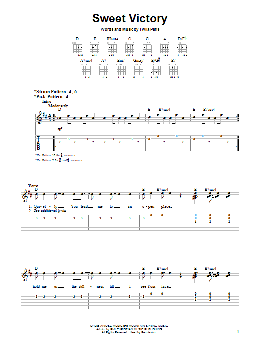Preview Twila Paris Sweet Victory Religious sheet music, notes and chords for Easy Guitar, SKU: 25258 sheet music, piano notes, chords, guitar tabs, score, transpose, transcribe, how to play, guide, download, learn, tutorial, progression, song, artist, awards, billboard, mtv, vh1, tour, single, album, release