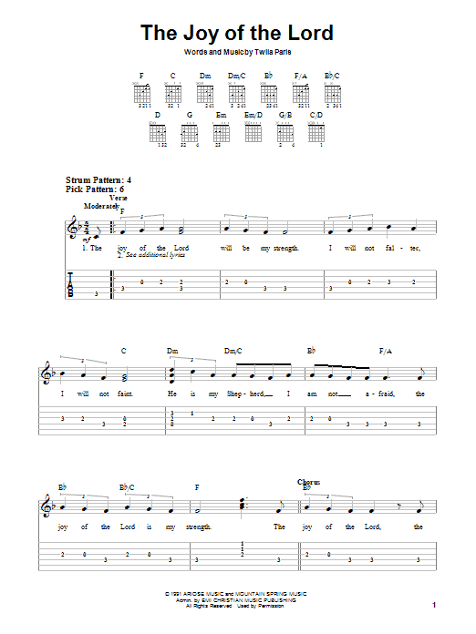 Preview Twila Paris The Joy Of The Lord Religious sheet music, notes and chords for Easy Guitar, SKU: 25259 sheet music, piano notes, chords, guitar tabs, score, transpose, transcribe, how to play, guide, download, learn, tutorial, progression, song, artist, awards, billboard, mtv, vh1, tour, single, album, release