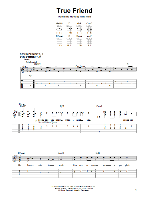 Preview Twila Paris True Friend Religious sheet music, notes and chords for Easy Guitar, SKU: 25261 sheet music, piano notes, chords, guitar tabs, score, transpose, transcribe, how to play, guide, download, learn, tutorial, progression, song, artist, awards, billboard, mtv, vh1, tour, single, album, release