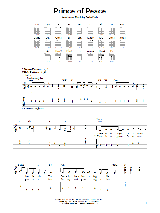 Preview Twila Paris Prince Of Peace Religious sheet music, notes and chords for Easy Guitar, SKU: 25263 sheet music, piano notes, chords, guitar tabs, score, transpose, transcribe, how to play, guide, download, learn, tutorial, progression, song, artist, awards, billboard, mtv, vh1, tour, single, album, release
