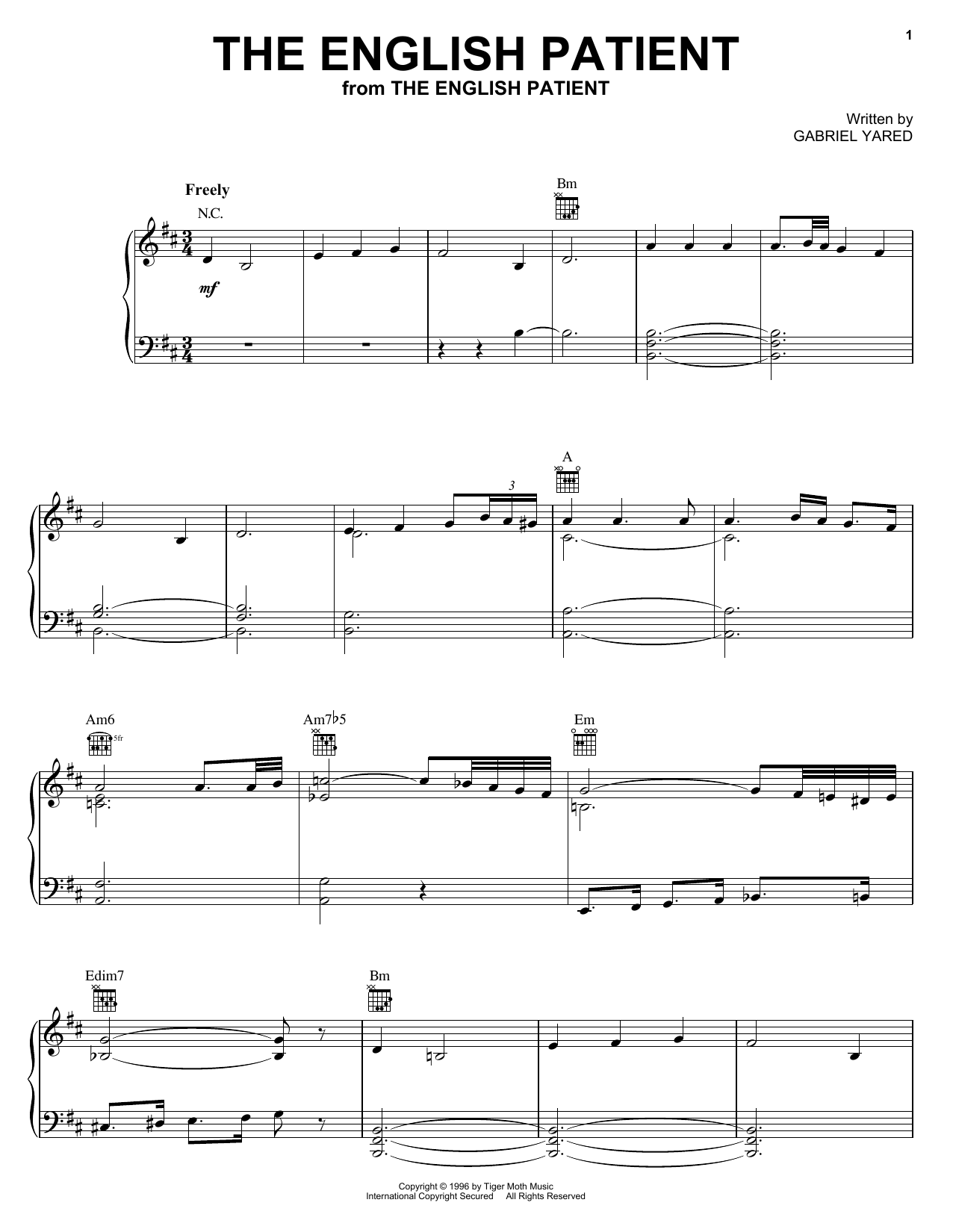 Preview Gabriel Yared The English Patient Film and TV sheet music, notes and chords for Piano, SKU: 25267 sheet music, piano notes, chords, guitar tabs, score, transpose, transcribe, how to play, guide, download, learn, tutorial, progression, song, artist, awards, billboard, mtv, vh1, tour, single, album, release