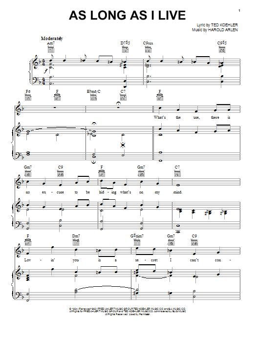 Preview Lena Horne As Long As I Live Pop sheet music, notes and chords for Piano, Vocal & Guitar (Right-Hand Melody), SKU: 25268 sheet music, piano notes, chords, guitar tabs, score, transpose, transcribe, how to play, guide, download, learn, tutorial, progression, song, artist, awards, billboard, mtv, vh1, tour, single, album, release