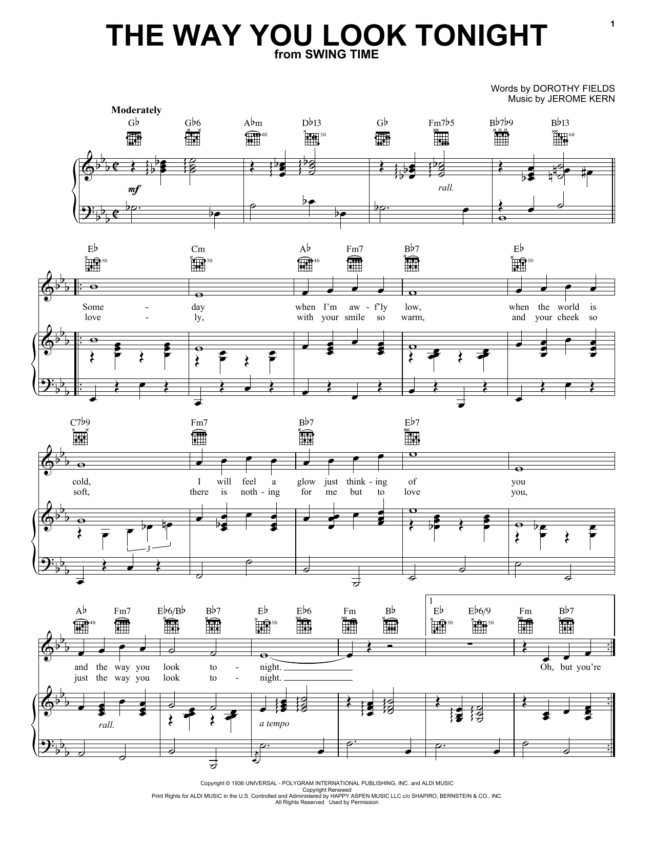 Preview Frank Sinatra The Way You Look Tonight Folk sheet music, notes and chords for Piano, Vocal & Guitar (Right-Hand Melody), SKU: 25269 sheet music, piano notes, chords, guitar tabs, score, transpose, transcribe, how to play, guide, download, learn, tutorial, progression, song, artist, awards, billboard, mtv, vh1, tour, single, album, release
