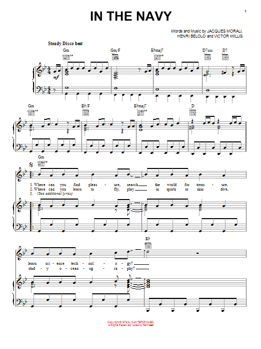 Preview Village People In The Navy Disco sheet music, notes and chords for Piano, Vocal & Guitar (Right-Hand Melody), SKU: 25270 sheet music, piano notes, chords, guitar tabs, score, transpose, transcribe, how to play, guide, download, learn, tutorial, progression, song, artist, awards, billboard, mtv, vh1, tour, single, album, release
