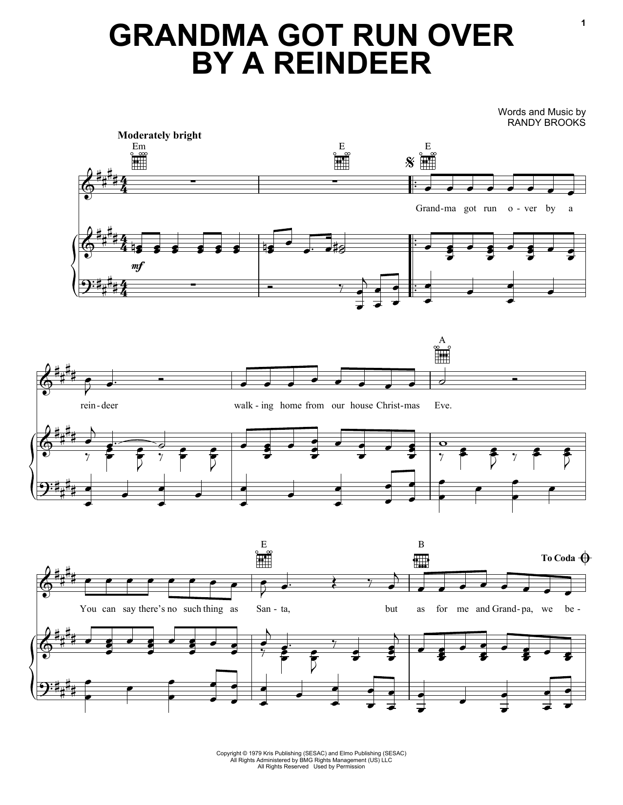 Preview Randy Brooks Grandma Got Run Over By A Reindeer Christmas sheet music, notes and chords for Piano, Vocal & Guitar (Right-Hand Melody), SKU: 25271 sheet music, piano notes, chords, guitar tabs, score, transpose, transcribe, how to play, guide, download, learn, tutorial, progression, song, artist, awards, billboard, mtv, vh1, tour, single, album, release