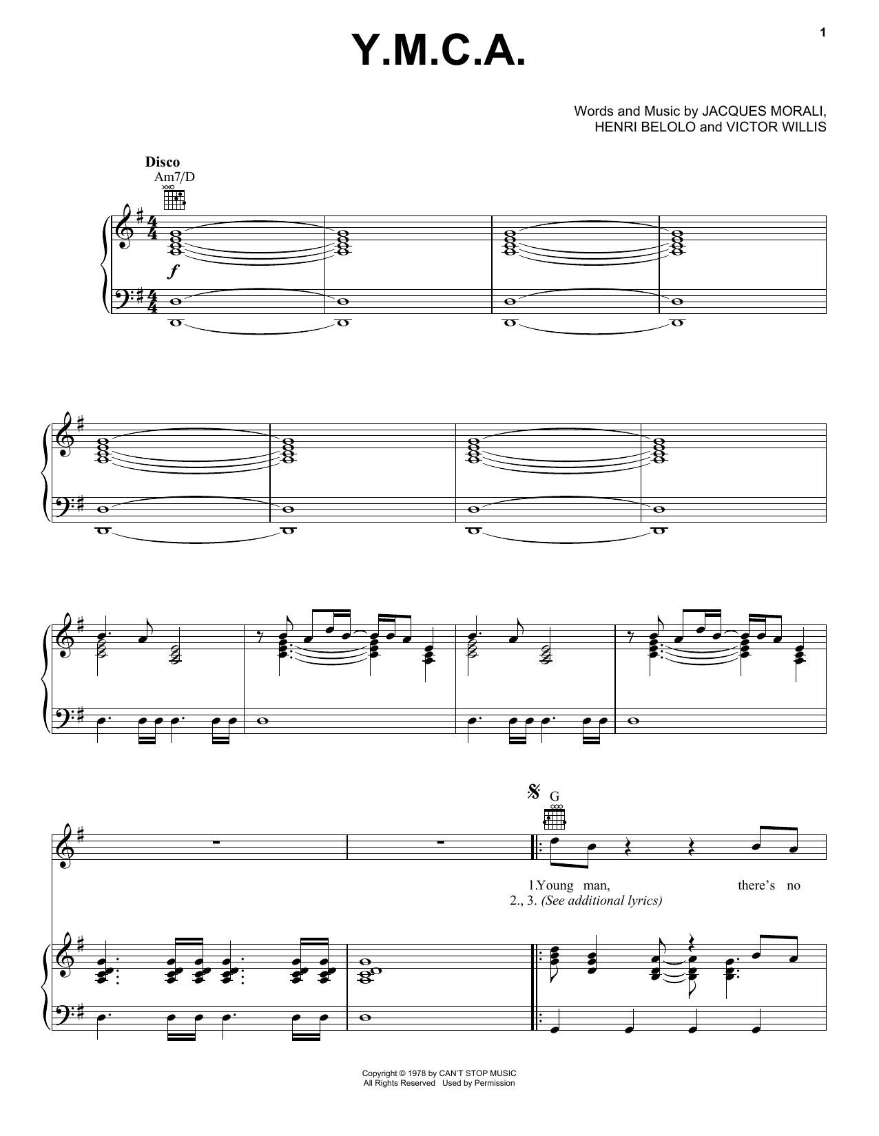 Preview Village People Y.M.C.A. Musicals sheet music, notes and chords for Piano, Vocal & Guitar (Right-Hand Melody), SKU: 25273 sheet music, piano notes, chords, guitar tabs, score, transpose, transcribe, how to play, guide, download, learn, tutorial, progression, song, artist, awards, billboard, mtv, vh1, tour, single, album, release