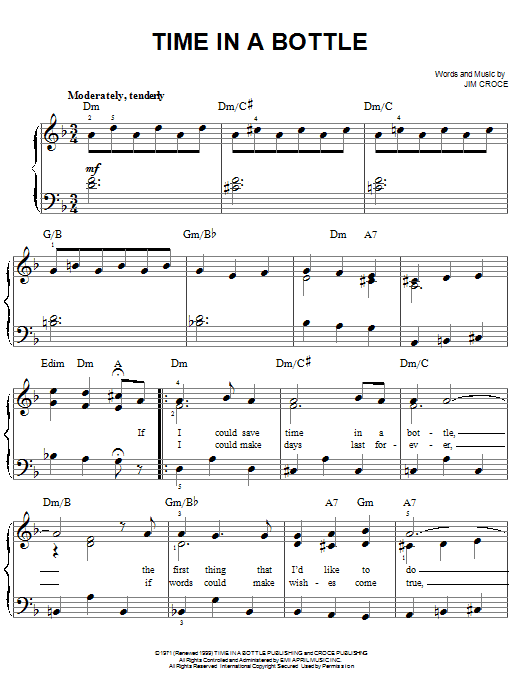 Preview Jim Croce Time In A Bottle Pop sheet music, notes and chords for Easy Piano, SKU: 25274 sheet music, piano notes, chords, guitar tabs, score, transpose, transcribe, how to play, guide, download, learn, tutorial, progression, song, artist, awards, billboard, mtv, vh1, tour, single, album, release