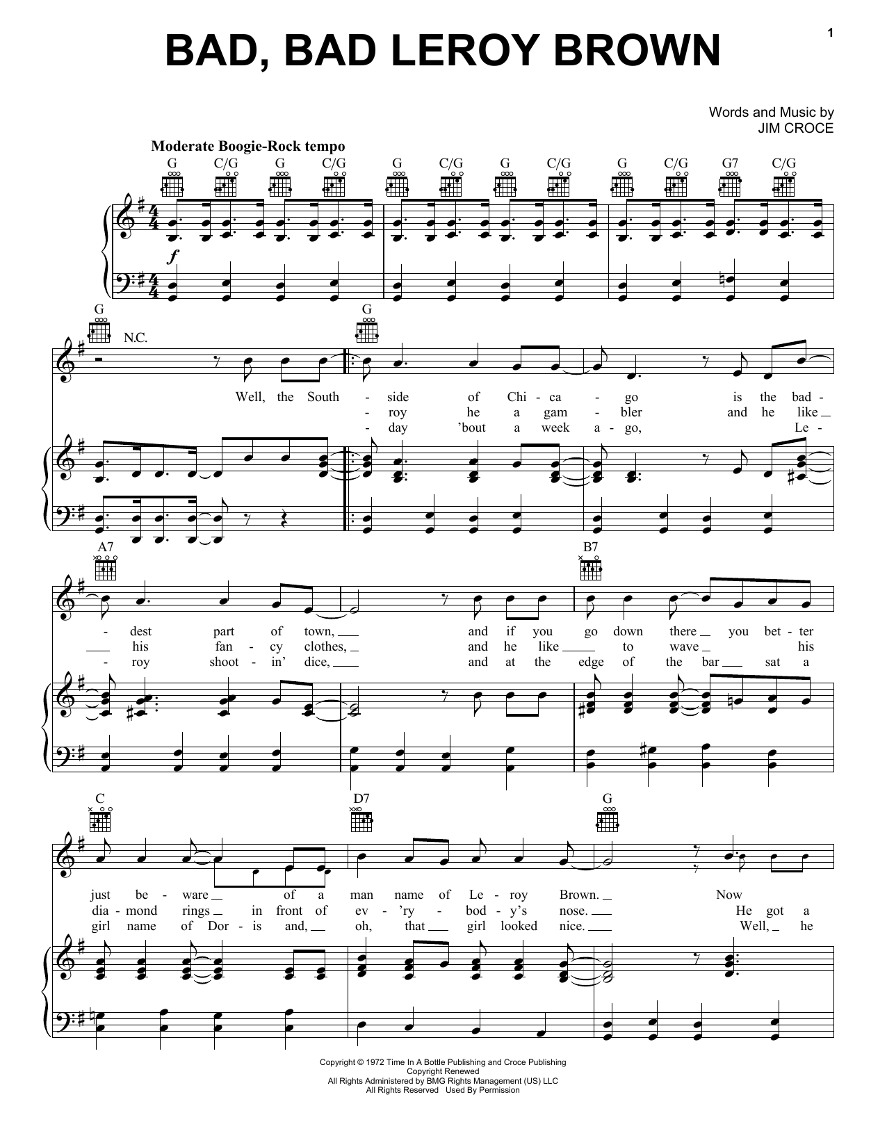 Preview Jim Croce Bad, Bad Leroy Brown Pop sheet music, notes and chords for Piano, Vocal & Guitar (Right-Hand Melody), SKU: 25275 sheet music, piano notes, chords, guitar tabs, score, transpose, transcribe, how to play, guide, download, learn, tutorial, progression, song, artist, awards, billboard, mtv, vh1, tour, single, album, release