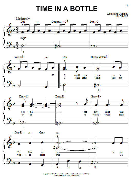 Preview Jim Croce Time In A Bottle Pop sheet music, notes and chords for Piano (Big Notes), SKU: 25276 sheet music, piano notes, chords, guitar tabs, score, transpose, transcribe, how to play, guide, download, learn, tutorial, progression, song, artist, awards, billboard, mtv, vh1, tour, single, album, release