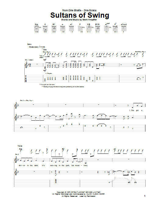 Preview Dire Straits Sultans Of Swing Rock sheet music, notes and chords for Guitar Tab, SKU: 25280 sheet music, piano notes, chords, guitar tabs, score, transpose, transcribe, how to play, guide, download, learn, tutorial, progression, song, artist, awards, billboard, mtv, vh1, tour, single, album, release