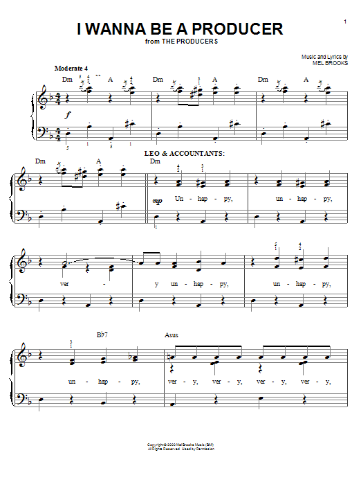 Preview Mel Brooks I Wanna Be A Producer Musicals sheet music, notes and chords for Easy Piano, SKU: 25281 sheet music, piano notes, chords, guitar tabs, score, transpose, transcribe, how to play, guide, download, learn, tutorial, progression, song, artist, awards, billboard, mtv, vh1, tour, single, album, release