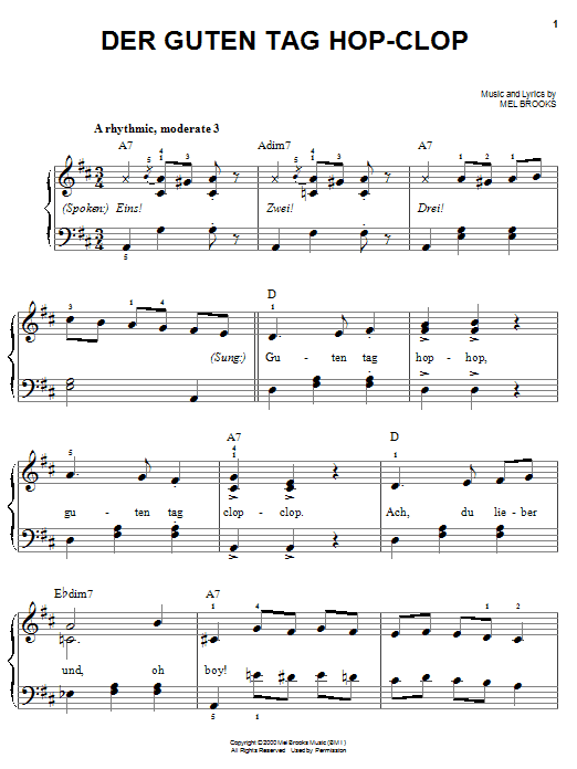 Preview Mel Brooks Der Guten Tag Hop-Clop Musicals sheet music, notes and chords for Easy Piano, SKU: 25282 sheet music, piano notes, chords, guitar tabs, score, transpose, transcribe, how to play, guide, download, learn, tutorial, progression, song, artist, awards, billboard, mtv, vh1, tour, single, album, release