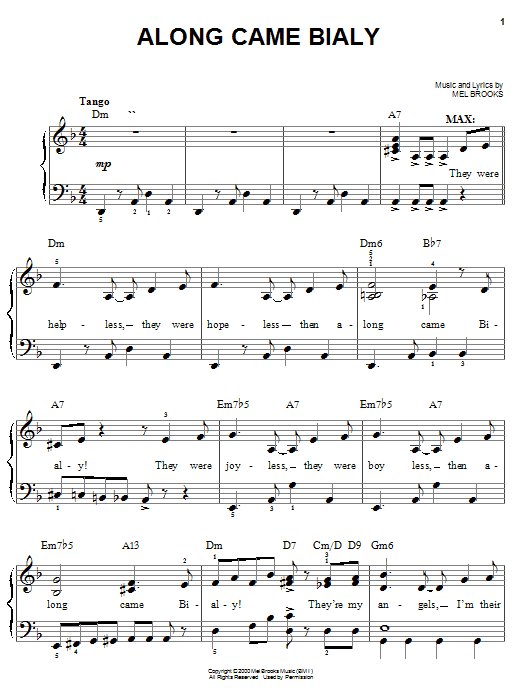 Preview Mel Brooks Along Came Bialy Musicals sheet music, notes and chords for Easy Piano, SKU: 25285 sheet music, piano notes, chords, guitar tabs, score, transpose, transcribe, how to play, guide, download, learn, tutorial, progression, song, artist, awards, billboard, mtv, vh1, tour, single, album, release