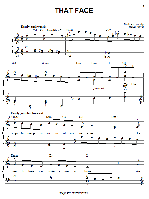 Preview Mel Brooks That Face Musicals sheet music, notes and chords for Easy Piano, SKU: 25286 sheet music, piano notes, chords, guitar tabs, score, transpose, transcribe, how to play, guide, download, learn, tutorial, progression, song, artist, awards, billboard, mtv, vh1, tour, single, album, release