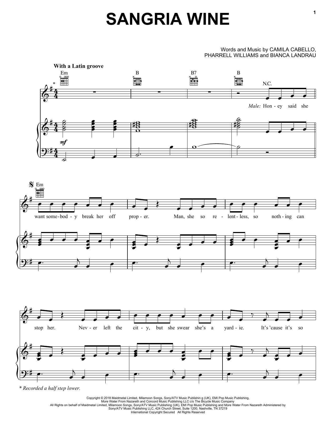 Preview Camila Cabello and Pharrell Williams Sangria Wine Pop sheet music, notes and chords for Piano, Vocal & Guitar (Right-Hand Melody), SKU: 252884 sheet music, piano notes, chords, guitar tabs, score, transpose, transcribe, how to play, guide, download, learn, tutorial, progression, song, artist, awards, billboard, mtv, vh1, tour, single, album, release