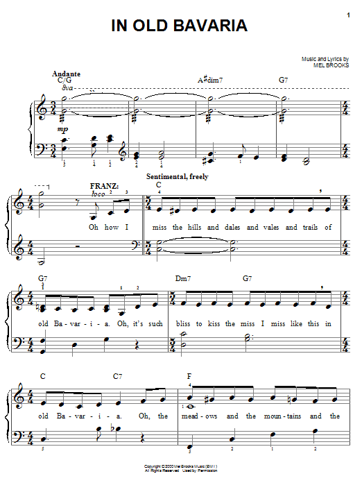 Preview Mel Brooks In Old Bavaria Musicals sheet music, notes and chords for Easy Piano, SKU: 25290 sheet music, piano notes, chords, guitar tabs, score, transpose, transcribe, how to play, guide, download, learn, tutorial, progression, song, artist, awards, billboard, mtv, vh1, tour, single, album, release