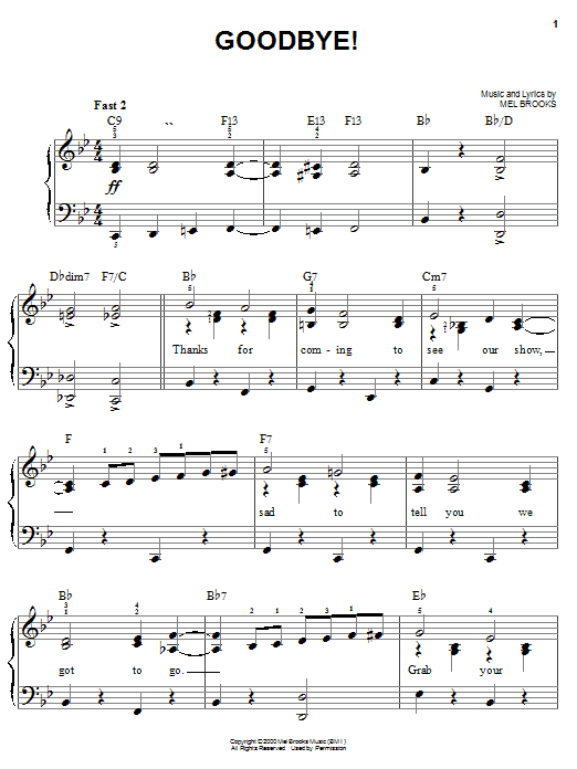 Preview Mel Brooks Goodbye! Musicals sheet music, notes and chords for Easy Piano, SKU: 25292 sheet music, piano notes, chords, guitar tabs, score, transpose, transcribe, how to play, guide, download, learn, tutorial, progression, song, artist, awards, billboard, mtv, vh1, tour, single, album, release